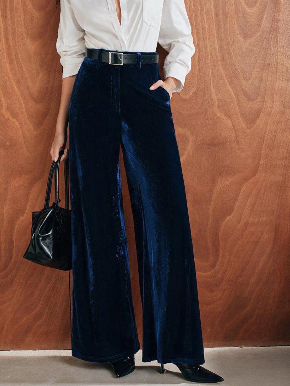 Navy Blue Elegant Women's Baroque Wide Leg Regular Fit Long Trousers